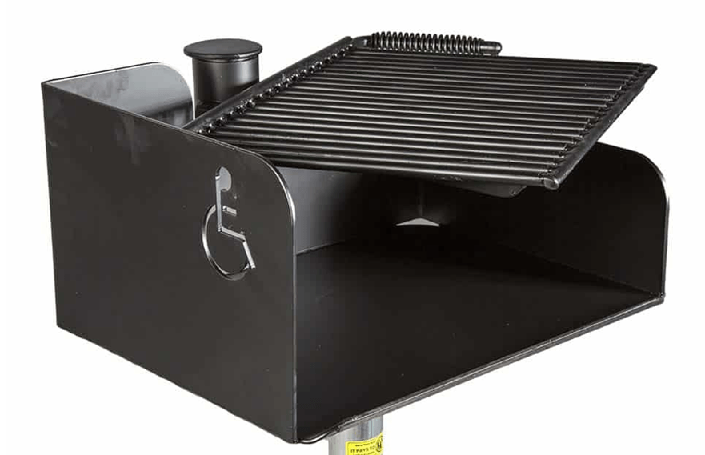 ADA compliant park grill with accessible height and easy-to-use controls designed for wheelchair users in public outdoor cooking areas